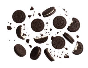 Top-Down View of Scattered Oreo Cookies and Broken Pieces in Motion, White Background Clipping Pathj