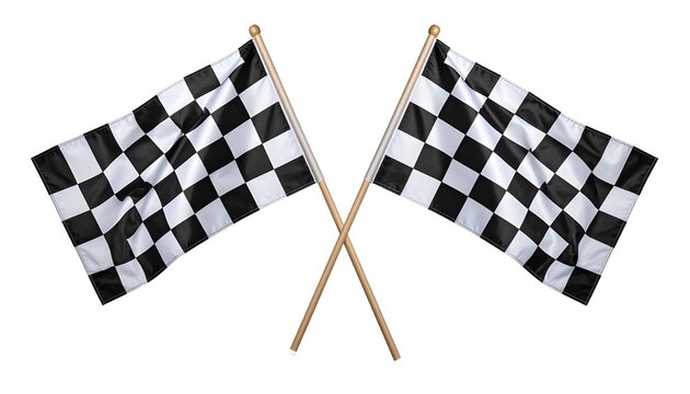 Two black-and-white checkered flags crossing elegantly at their poles, standing motionless like trophies