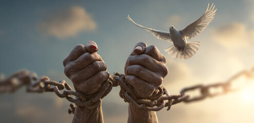 Breaking Free, Symbolizing liberation and hope, this powerful image shows hands shattering chains as a white dove soars into the sky — a timeless representation of freedom and inner strength.