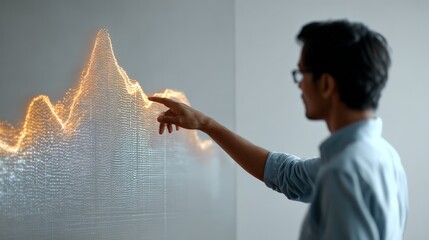Businessman pointing at a glowing financial chart on an interactive screen, analyzing market trends and uncovering investment opportunities in a dynamic and innovative environment