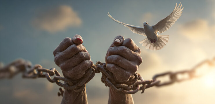 Breaking Free, Symbolizing liberation and hope, this powerful image shows hands shattering chains as a white dove soars into the sky &mdash; a timeless representation of freedom and inner strength.