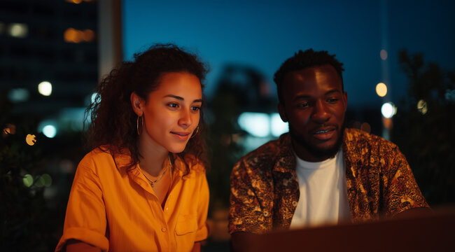 young multicultural couple using laptop outdoors at night 