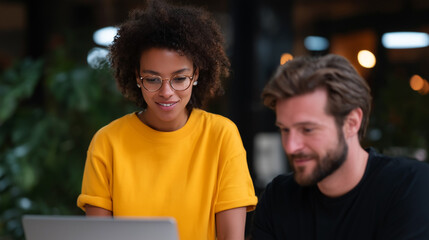 young professionals collaborating on laptop 