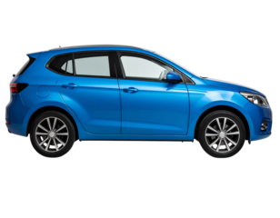 Compact Blue Hatchback Car Side Profile with Clipping Path, White Background