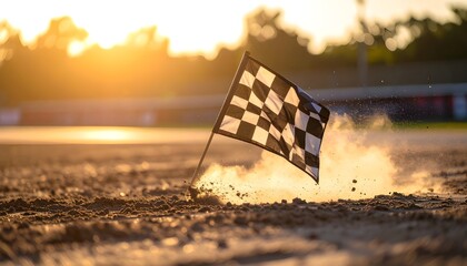 Checkered racing flag staked dramatically into a dusty race track, angled with intent, basking in the warm glow of a sunset
