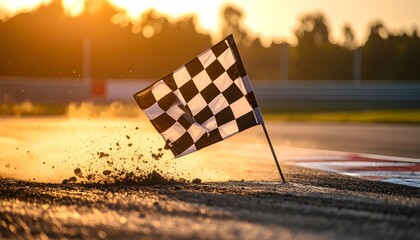 Checkered racing flag staked dramatically into a dusty race track, angled with intent, basking in the warm glow of a sunset