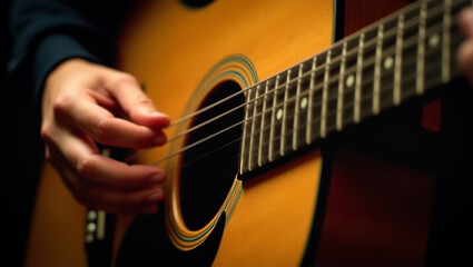 Fototapeta premium Guitarist hands playing an acoustic guitar, artistic expressive image