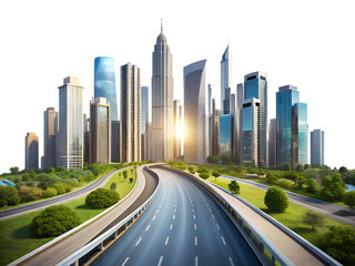Fototapeta premium Modern cityscape with a highway leading to skyscrapers surrounded by greenery illustrating urban development and growth isolated on transparent background
