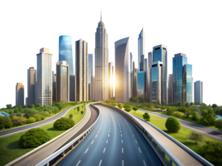 Modern cityscape with a highway leading to skyscrapers surrounded by greenery illustrating urban development and growth isolated on transparent background