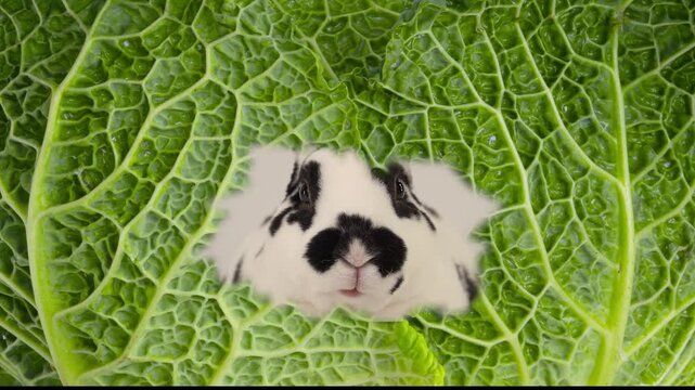 cabbage leaf with a rabbit sitting behind it and chewing. green screen