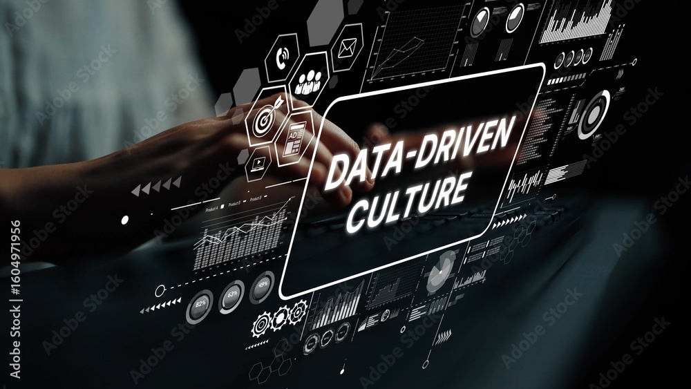 Poster Hands Typing on a Keyboard with Futuristic Data Graphics Representing a Data-Driven Culture in a Modern Office Environment. Asymptotic smart data analytic.