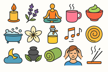 Icons of relaxation and wellness: yoga, aromatherapy, meditation, and self-care