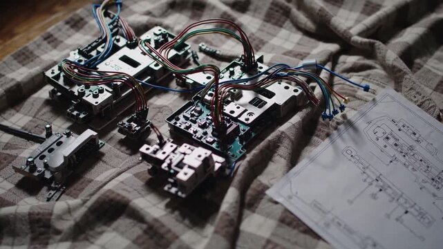 Exploring intricate circuit repair techniques on a wooden table during a detailed electronics workshop