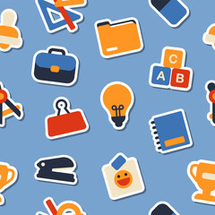 Seamless cartoon pattern with school icons like folder, stapler, light bulb, briefcase, abc blocks, notebook, and triangle ruler on blue background. Endless education wallpaper for web and print usage