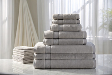 Elegant gray towels stacked in pyramid formation on marble surface, white curtains and natural...