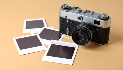 Camera and instant prints on beige surface, photography hobby