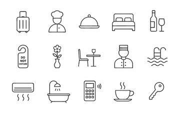 Hotel service icons: luggage, chef, dining, accommodation, beverage, relaxation