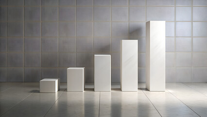 A series of white bar graph columns of increasing height against a textured wall and reflective floor symbolizing financial growth and business success