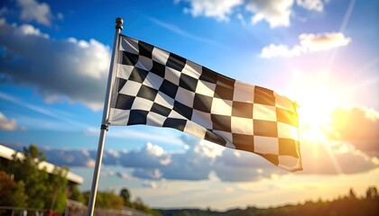 A checkered racing flag waving dramatically against a radiant sky—sunlight piercing through scattered clouds