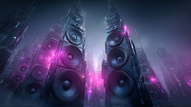 Giant speakers on a city street, blue and purple colors, cyberpunk style, urban and loud music concept