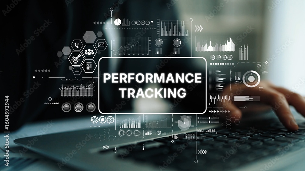 Poster performance tracking dashboard with graphs and charts on computer screen for business analysis and d