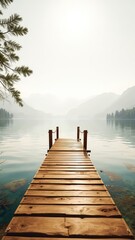 Naklejka premium A Tranquil Lake Pier Scene with Calm Waters, Distant Mountains, and a Peaceful Wooden Dock