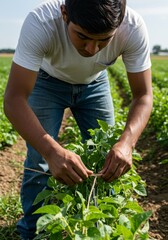 Fototapeta premium Farmer Tending to Crops - A young farmer carefully tends to his growing plants, tying them to supports in a sunny field