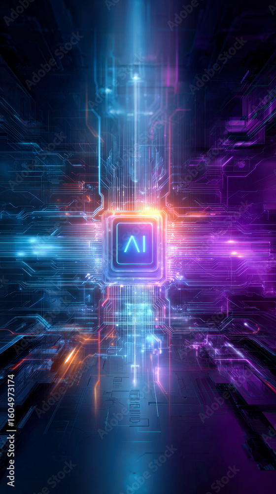 Poster a futuristic abstract technology background with neon lights and glowing circuit lines