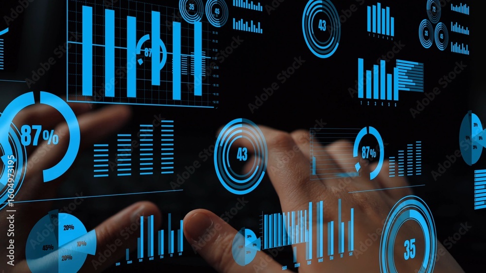 Poster a modern and futuristic representation of data visualization with hands interacting on a touchscreen