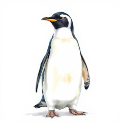 Obraz premium A tall and proud penguin on a white background is an illustration of an exotic bird. Watercolor illustration