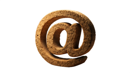 A textured 3d rendered at symbol crafted from cork material isolated against a clean transparent background symbolizing email and digital communication