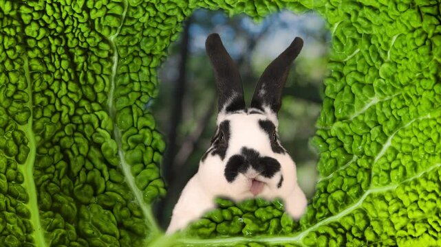 a rabbit chewing on a leaf of cabbage
