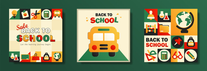 Set of square back to school themed posters, banner, cards with colorful flat school supplies and educational symbols in a retro-inspired geometric mosaic design. Trendy flyers