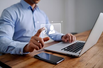 Know your customer (KYC) concept. Businessman use laptop with identity verification symbol for Increase financial security and access personal financial data. Biometrics security.