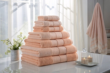Blush pink towels arranged in perfect stack formation on marble counter with candles and flowers...