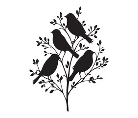 Silhouette of birds sitting on a tree branch.