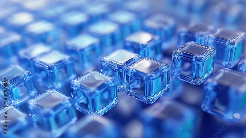 Poster 3d rendering of blockchain concept with transparent blue cubes