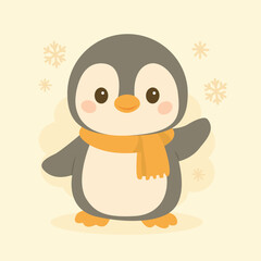 Cute Cartoon Penguin with Scarf – Winter Flat Vector. Adorable cartoon penguin with orange scarf and snowflakes around. Winter-themed illustration in soft flat style. Perfect for Christmas designs