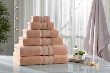 Peach colored towels displayed in neat pyramid on white surface with plants and bathroom...