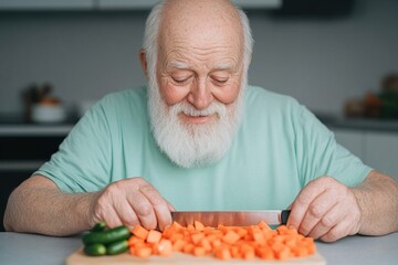 Senior couple enjoys preparing a nutritious meal together in a sunny kitchen