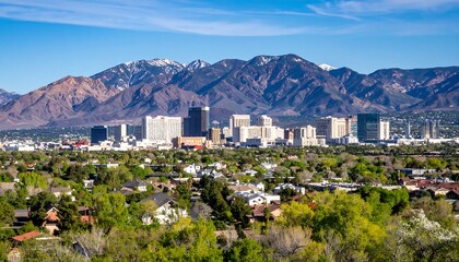 Obraz premium City skyline nestled against mountains