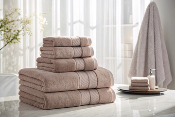 Beige brown towel collection neatly stacked on white marble surface in bright bathroom with hanging...