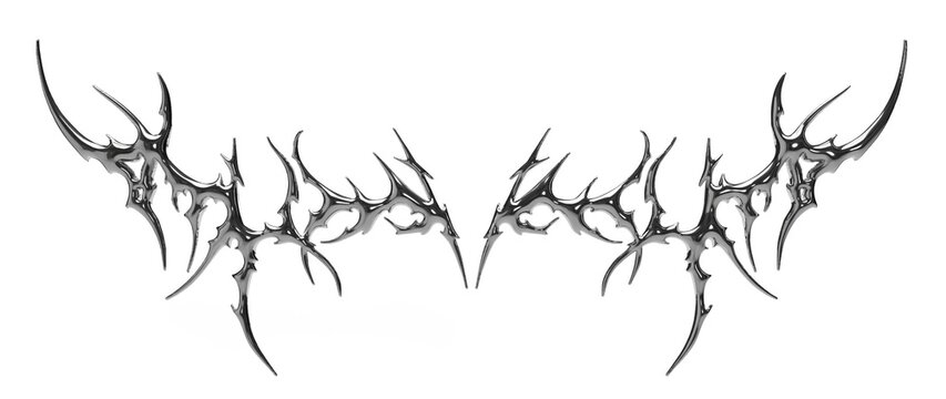 3D chrome tribal graphic with sharp edges and futuristic style. Metallic design perfect for streetwear fashion, digital tattoos or Y2K cyberpunk visuals.
