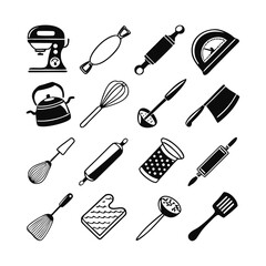 Obraz premium Kitchen Appliance and Utensil Line Icons | Vector Silhouettes of Kitchen Gadgets, Cookware, and Professional Culinary Essentials