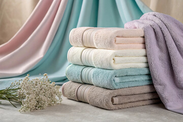 Pastel colored towels in soft mint green cream beige and lavender purple stacked with fabric...