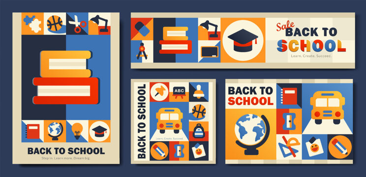 Set of banners, cards with vibrant geometric grid mosaic of flat vector school and education icons. Dynamic abstract brochures, flyers. Colorful trendy academic illustration. Back to school concept.