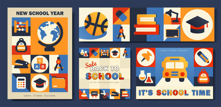 Set of back to school trendy banners, posters, cards and header with flat colorful school supplies and academic symbols in a trendy geometric mosaic style. Education, studying, learning concept