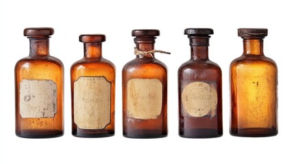 Antique Amber Glass Pharmacy Bottles Collection on White Background