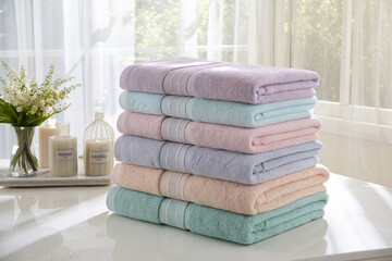 Soft pastel towel collection in purple mint green peach pink blue stacked neatly on white marble...