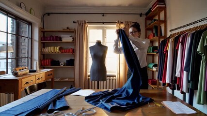 Creative tailoring session in a bright workshop with vibrant fabrics and designs